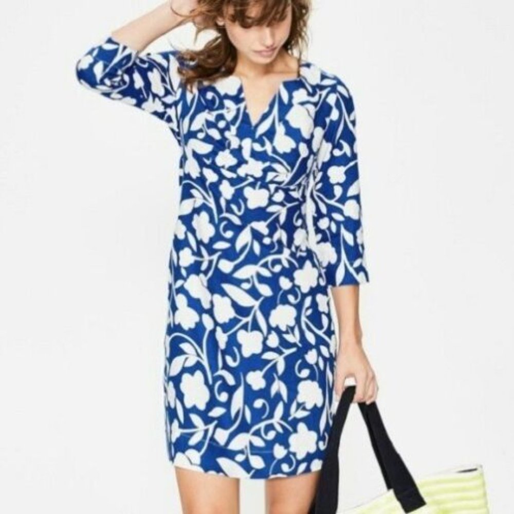 Boden Floral 100% Linen 3/4 Sleeve Shift Blue White Tunic Dress Sz US 12L